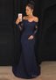 Elastic Satin Prom Dresses Sheath/Column Off-The-Shoulder Court Train With Lace