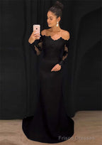 Elastic Satin Prom Dresses Sheath/Column Off-The-Shoulder Court Train With Lace
