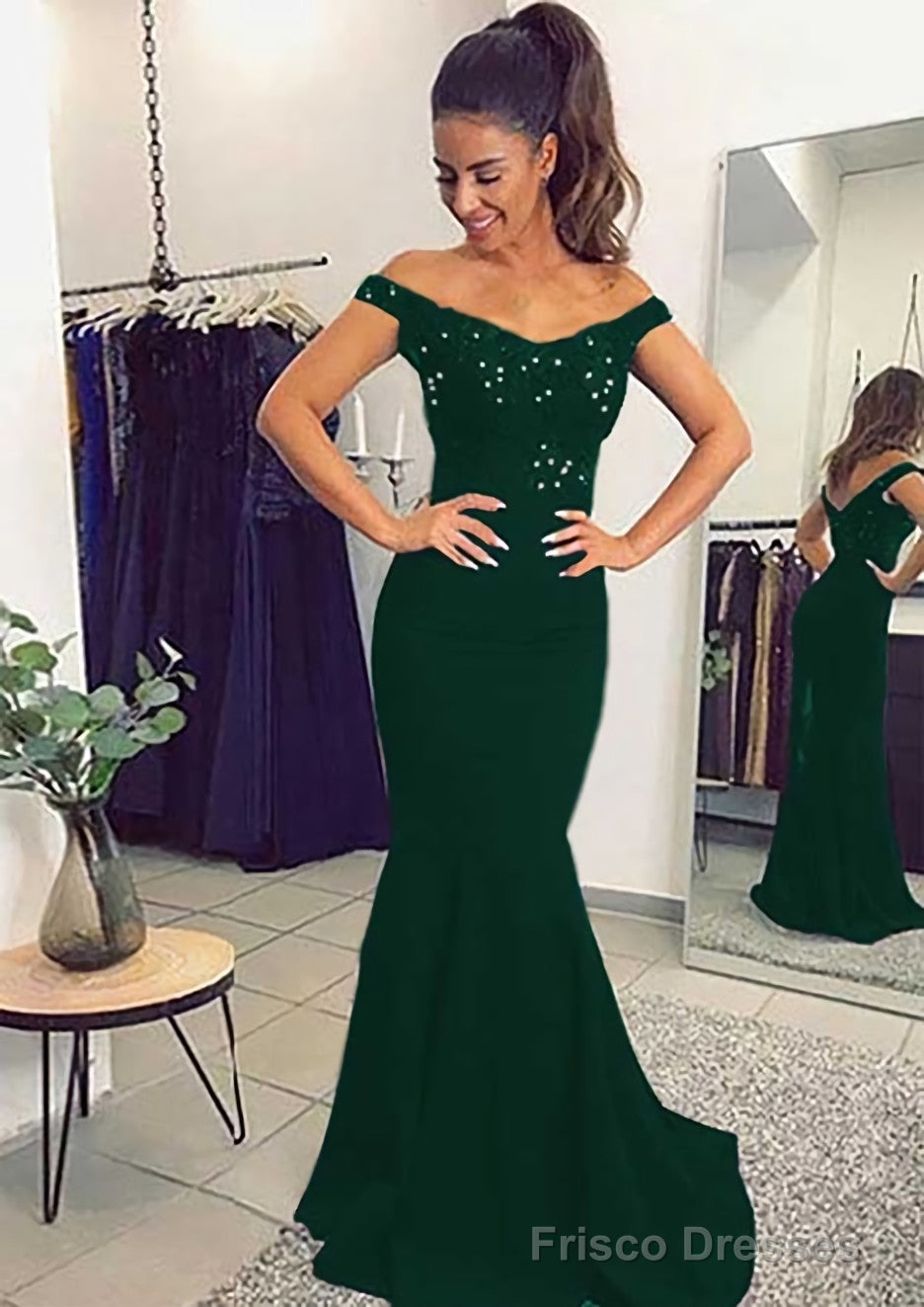Elastic Satin Prom Dresses Trumpet/Mermaid Off-The-Shoulder Sweep Train With Lace