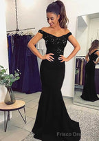 Elastic Satin Prom Dresses Trumpet/Mermaid Off-The-Shoulder Sweep Train With Lace