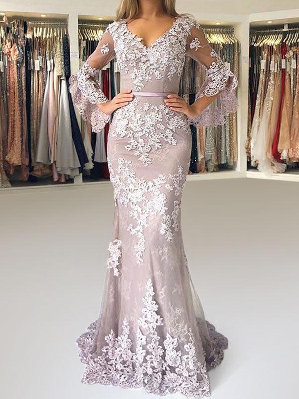 Eleagnt Evening Dress Mermaid V Neck Long Sleeves Zipper Lace Satin Fabric Formal Party Dresses With Train Main image