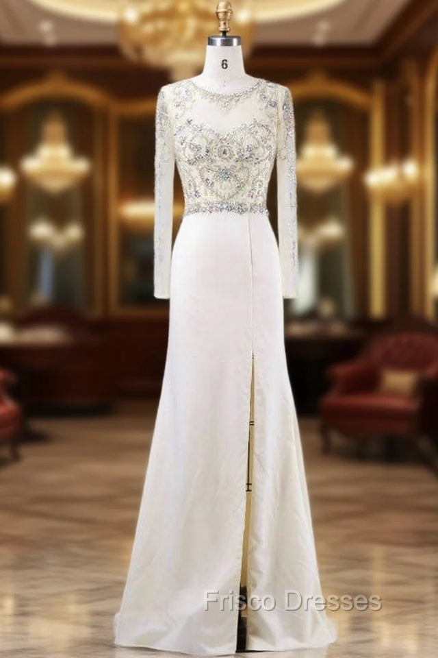 Elegance Mother of the Bride Dress Elegant With Crystal Beading Scoop-Neck Long Sleeves