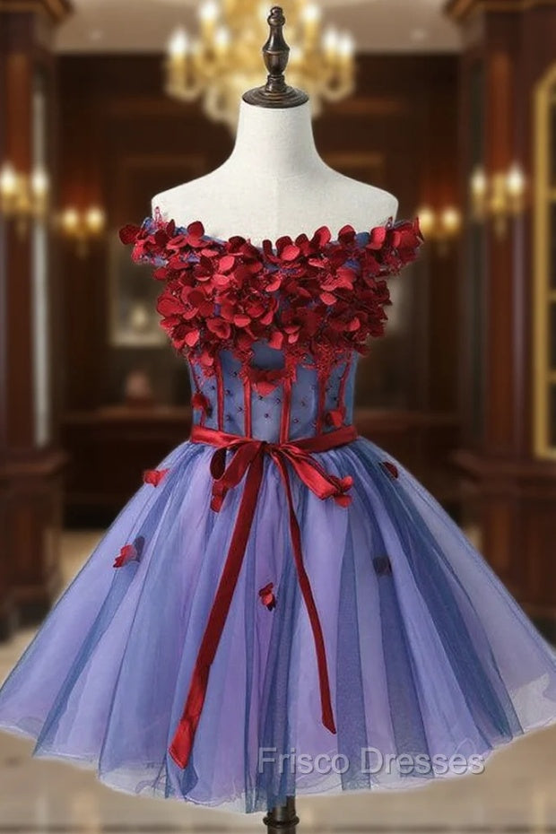 Elegance Off Shoulder Homecoming Dress, Tulle Homecoming Dress, Applique Junior Main image