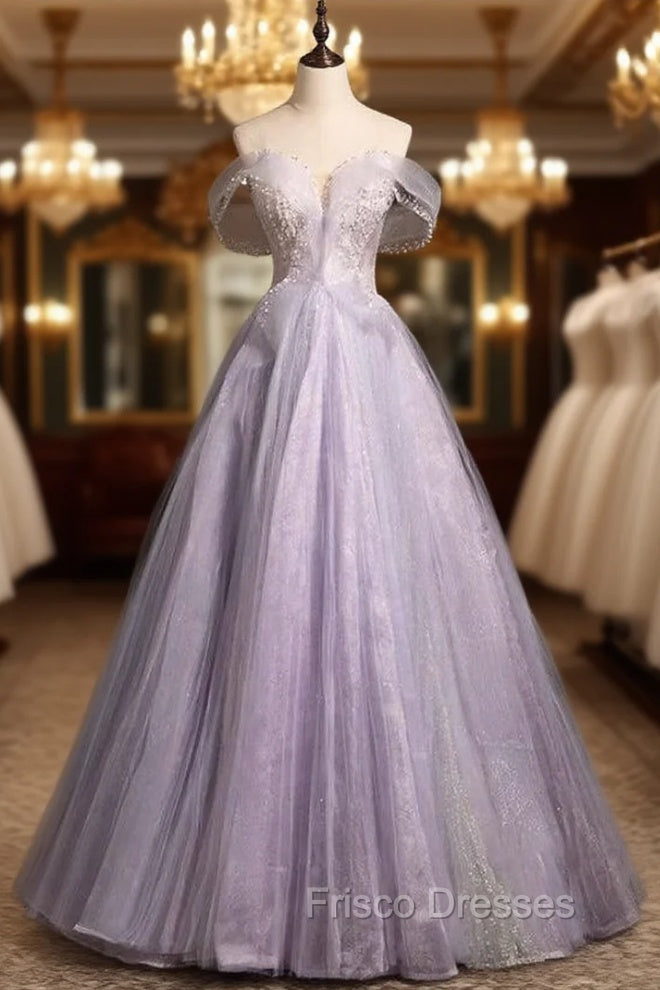 Elegance Purple Tulle Off the Shoulder Beading Formal Prom Dress