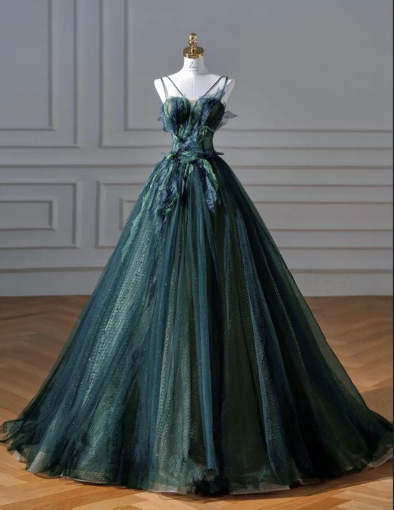 Elegant A Line Dark Green Tulle Long Prom Dress Main image