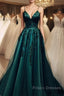 Elegant A Line Green Tulle Spaghetti Straps Appliques Formal Prom Dress