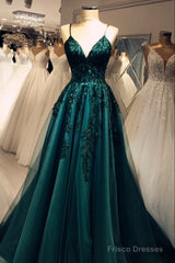 Elegant A Line Green Tulle Spaghetti Straps Appliques Prom Dress