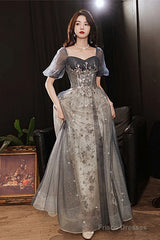 Elegant A-Line  Grey Tulle Short Sleeves Long Party Dress, Grey Evening Dress