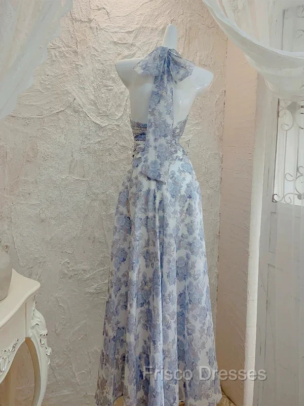 Elegant A Line Halter Lilac Floral Chiffon Long Evening Dress Outfits Secondary image