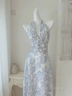 Elegant A Line Halter Lilac Floral Chiffon Long Evening Dress Outfits