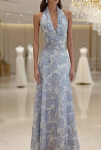 Elegant A Line Halter Lilac Floral Chiffon Long Evening Dress Outfits