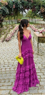 Elegant A Line Long Tiered Chiffon Prom Dress 22Th Birthday Outfits