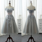 Elegant A-line Off Shoulder Lace Appliques Tea-Length Bridesmaid Dress