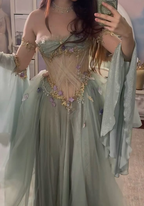 Elegant A Line Off The Shoulder Floor-Length Tulle Long Sleeves Evening Dress Prom Dresses