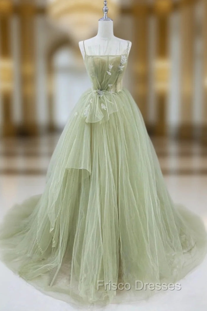 Elegant A Line Open Back Green Tulle Long Formal Prom Dress, Green Formal Graduation Evening Dress