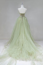 Elegant A Line Open Back Green Tulle Long Formal Prom Dress, Green Formal Graduation Evening Dress