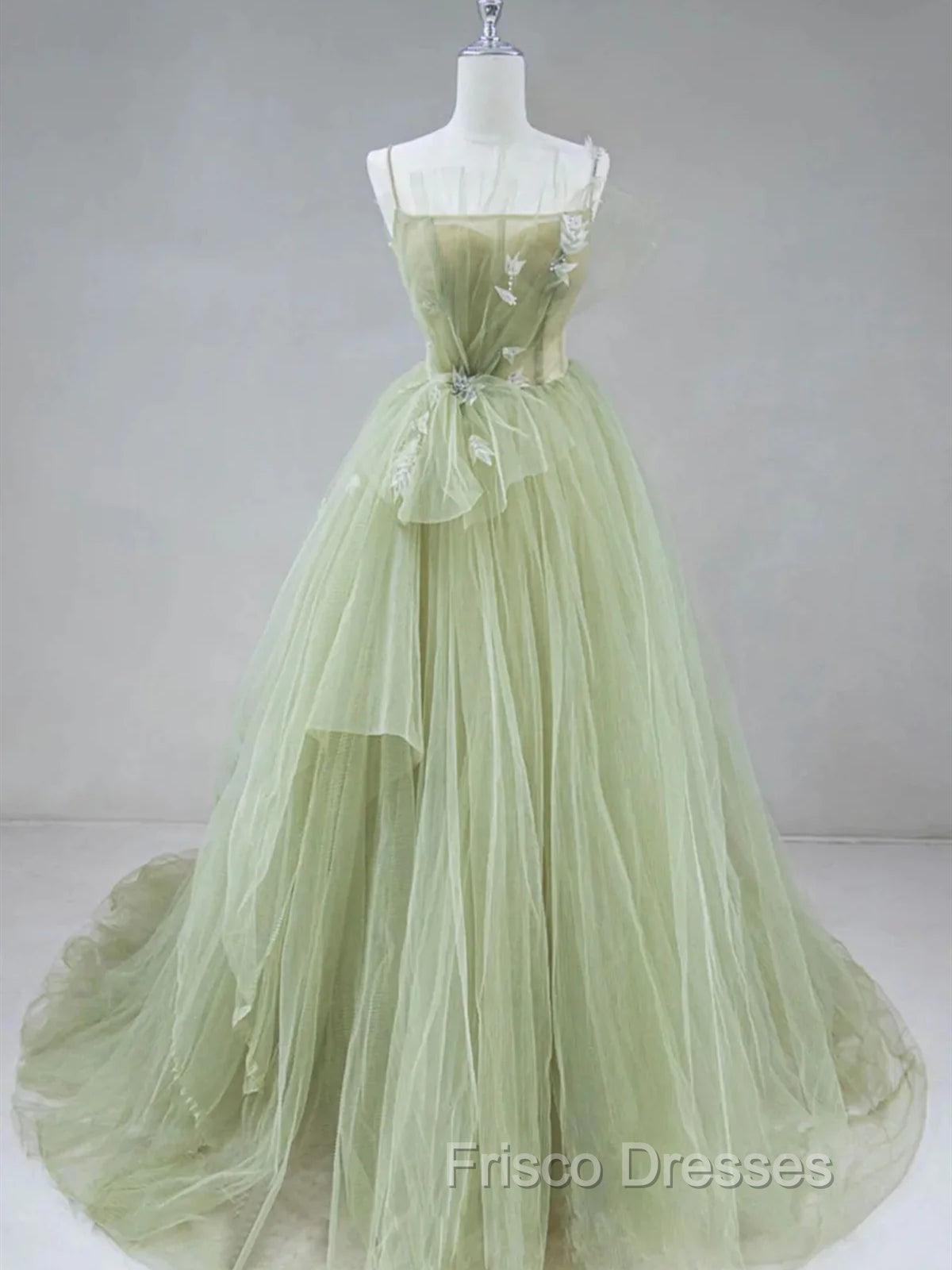 Elegant A Line Open Back Green Tulle Long Formal Prom Dress, Green Formal Graduation Evening Dress Secondary image