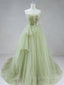 Elegant A Line Open Back Green Tulle Long Formal Prom Dress, Green Formal Graduation Evening Dress