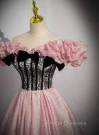 Elegant A-line Pink Off Shoulder Long Evening Dress, Pink with Black Lace Long Formal Prom Dress