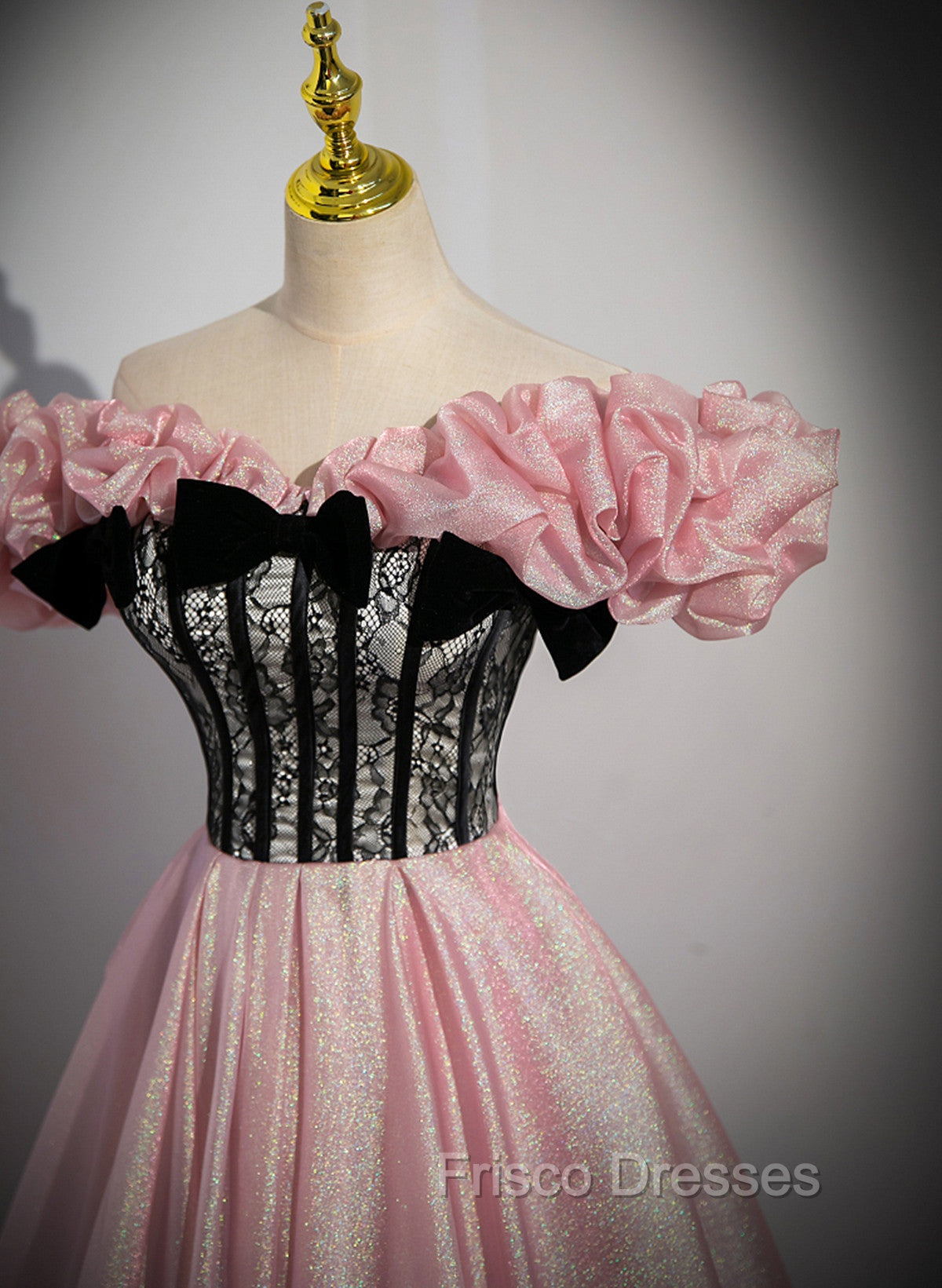 Elegant A-line Pink Off Shoulder Long Evening Dress, Pink with Black Lace Long Formal Prom Dress