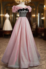 Elegant A-line Pink Off Shoulder Long Evening Dress, Pink with Black Lace Long Formal Prom Dress