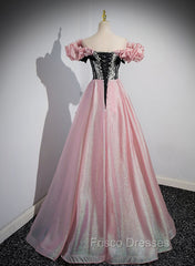Elegant A-line Pink Off Shoulder Long Evening Dress, Pink with Black Lace Long Formal Prom Dress