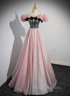 Elegant A-line Pink Off Shoulder Long Evening Dress, Pink with Black Lace Long Formal Prom Dress