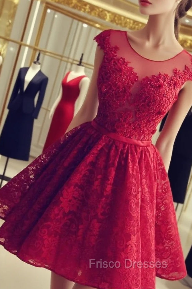 Elegant A-Line Formal Prom Homecoming Dress Jewel Short Back Lace Applique Main image