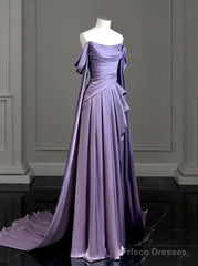 Elegant A Line Purple Satin Long Prom Dresses Formal Party Gown