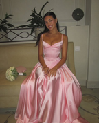 Elegant A Line Spaghetti Straps Floor-Length Satin Long Pink Evening Dress Prom Dresses