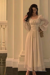 Elegant A Line Square Neckline Long Sleeves White Chiffon Prom Dresses Birthday Outfits Evening Gown