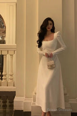 Elegant A Line Square Neckline Long Sleeves White Prom Dresses Birthday Outfits Evening Gown