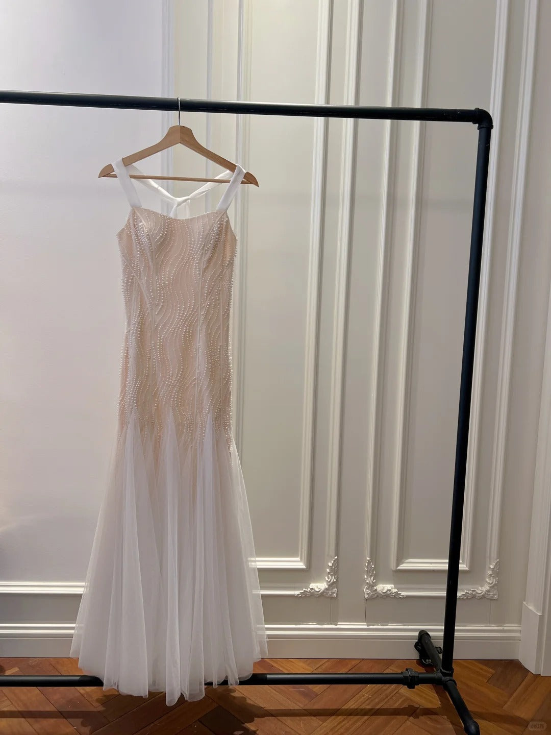 Elegant A-Line Strap Pearl Tulle Long Prom Dress Evening Dress