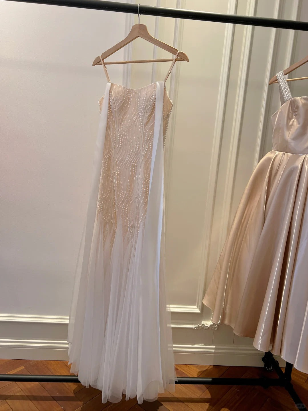 Elegant A-Line Strap Pearl Tulle Long Prom Dress Evening Dress