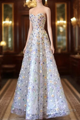Elegant A Line Strapless Floral Long Formal Prom Dress