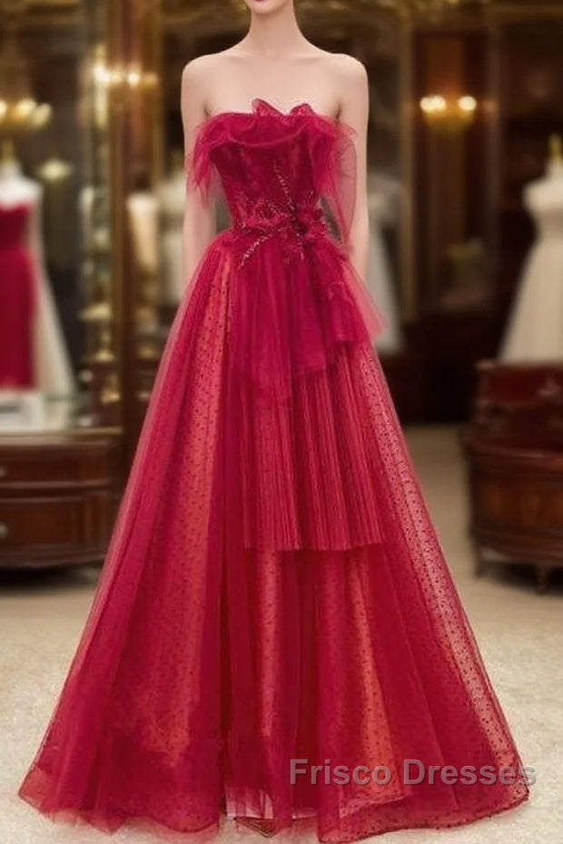 Elegant A Line Strapless Red Tulle Long Formal Prom Dress Main image