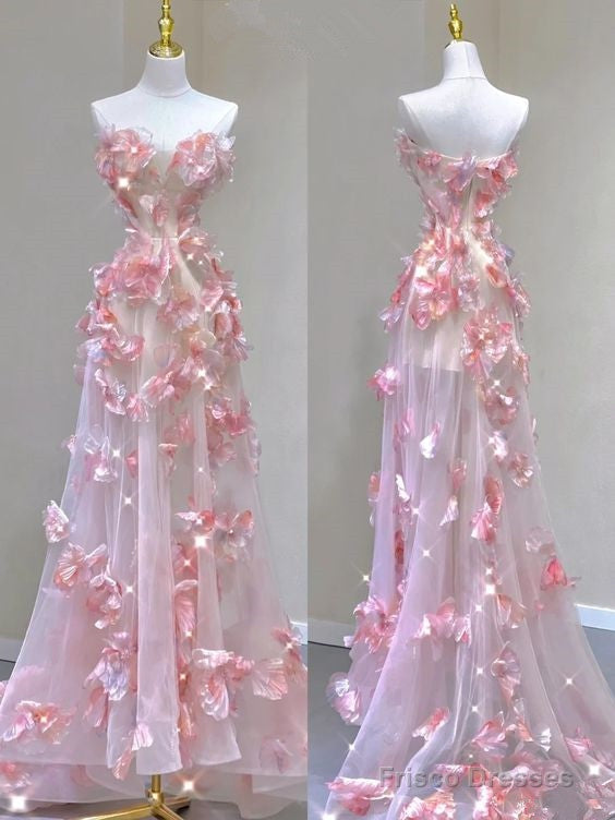 Elegant A Line Strapless Tulle Floral Pink Prom Dress