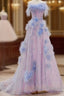 Elegant A Line Strapless Tulle Floral Formal Prom Dress