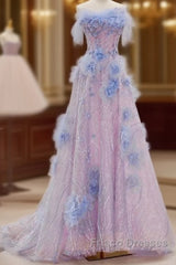 Elegant A Line Strapless Tulle Floral Formal Prom Dress
