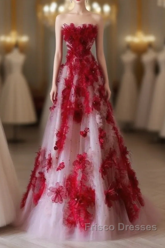 Elegant A Line Strapless Tulle Floral Red Formal Prom Dress Main image
