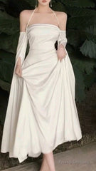 Elegant A Line Straps Long Sleeves Silk Satin White Prom Dresses Formal Dress