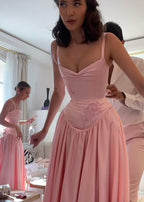 Elegant A Line Straps Pink Satin Long Length Prom Dresses Birthday Outfits