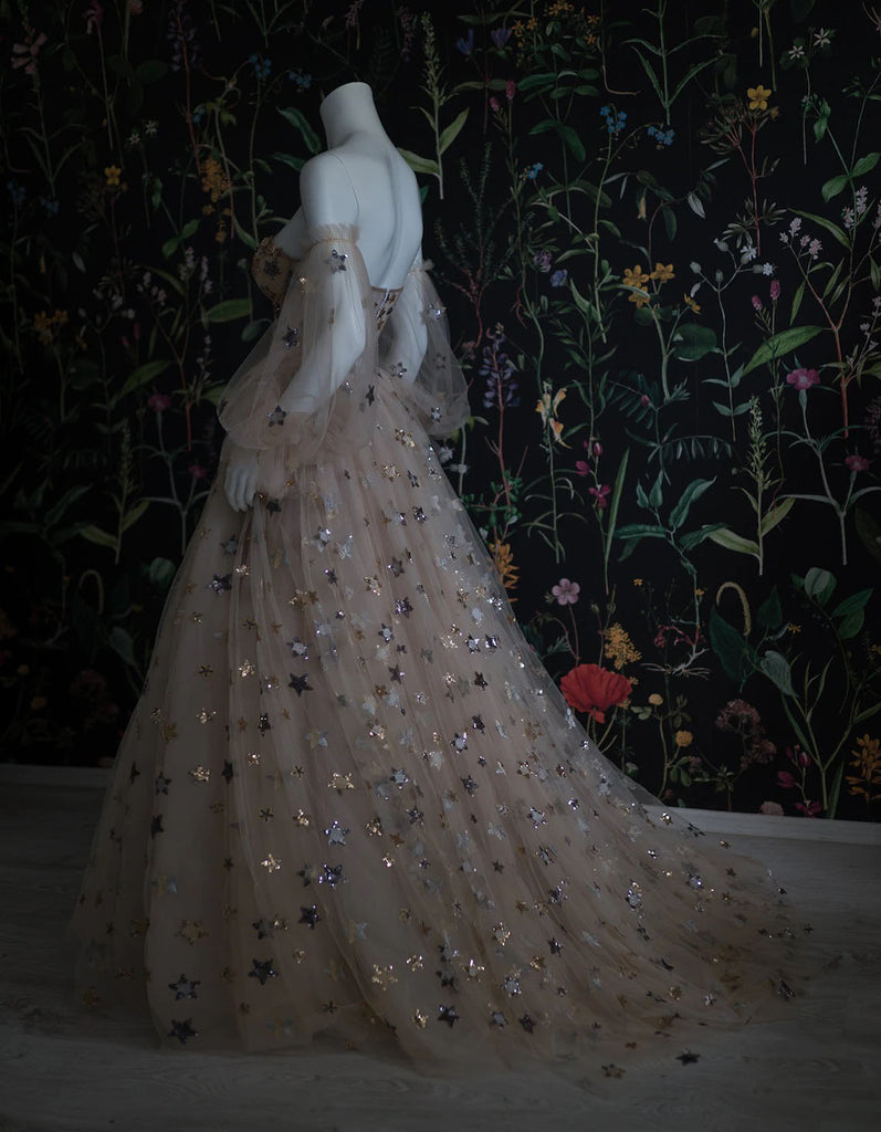 Elegant A Line Sweetheart Bubble Sleeves Tulle Prom Dresses With Stars, Formal Dresses Secondary image