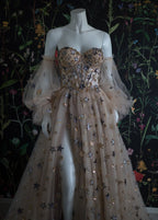 Elegant A Line Sweetheart Bubble Sleeves Tulle Prom Dresses With Stars, Formal Dresses