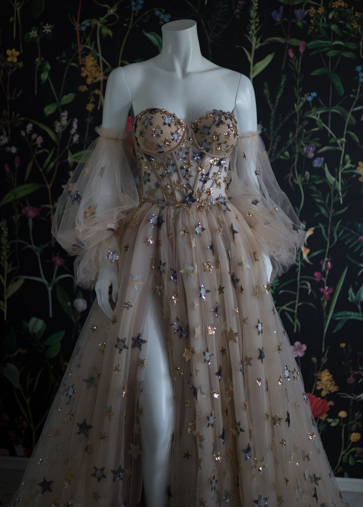 Elegant A Line Sweetheart Bubble Sleeves Tulle Prom Dresses With Stars, Formal Dresses