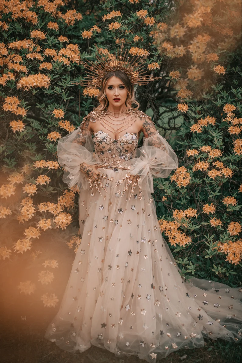 Elegant A Line Sweetheart Bubble Sleeves Tulle Prom Dresses With Stars, Formal Dresses