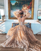 Elegant A Line Sweetheart Bubble Sleeves Tulle Prom Dresses With Stars, Formal Dresses