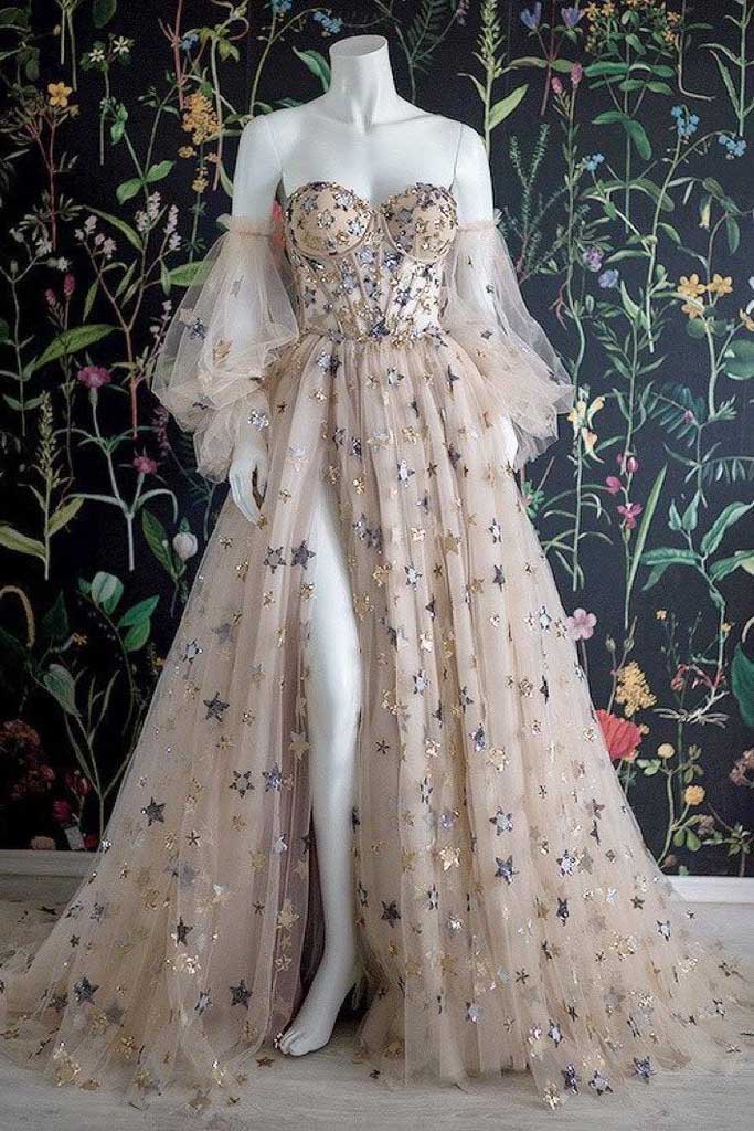 Elegant A Line Sweetheart Bubble Sleeves Tulle Prom Dresses With Stars, Formal Dresses