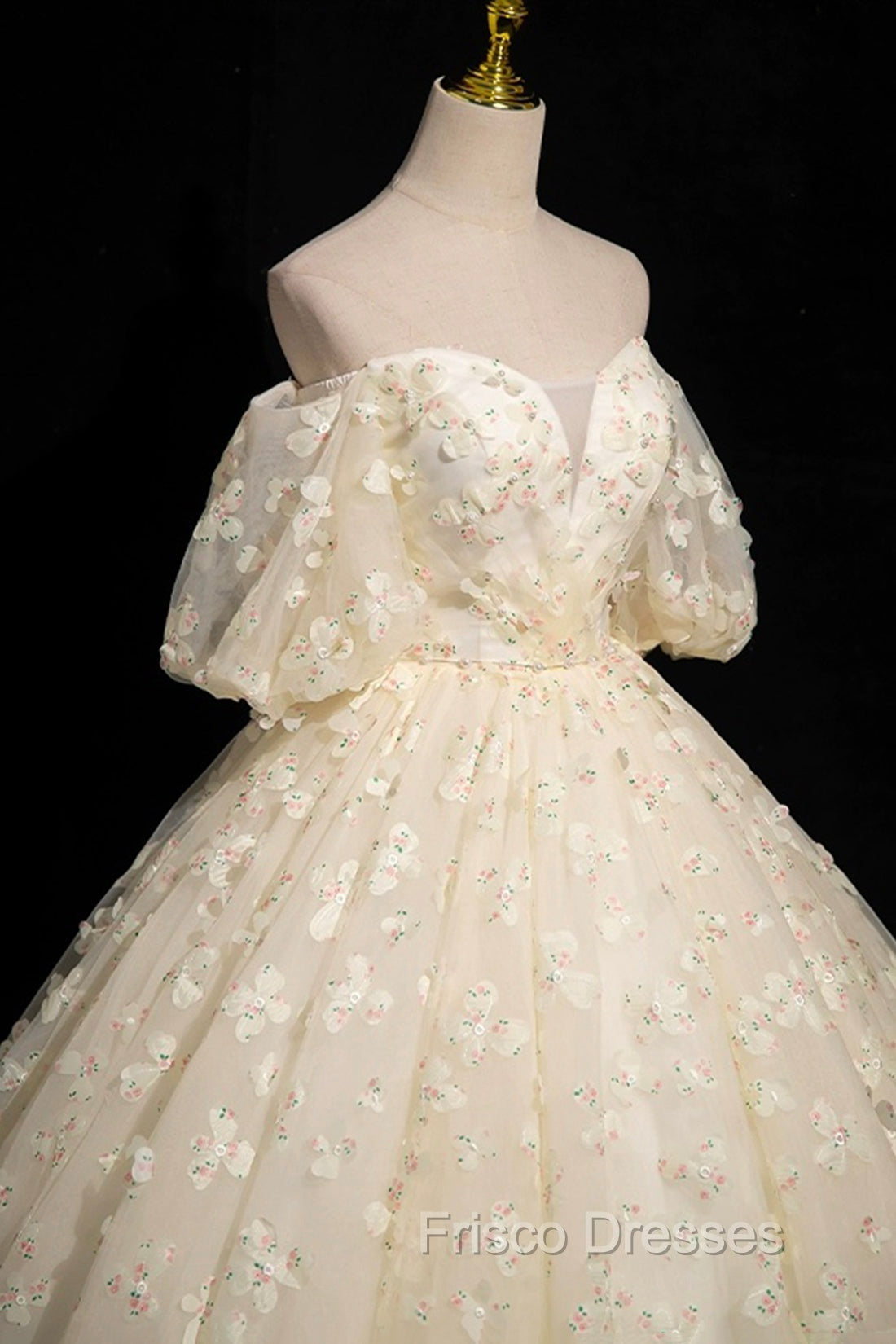 Elegant A-Line Tulle Floor Length Formal Prom Dress, Champagne Off The Shoulder Evening Party Dress Secondary image