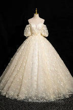 Elegant A-Line Tulle Floor Length Formal Prom Dress, Champagne Off The Shoulder Evening Party Dress